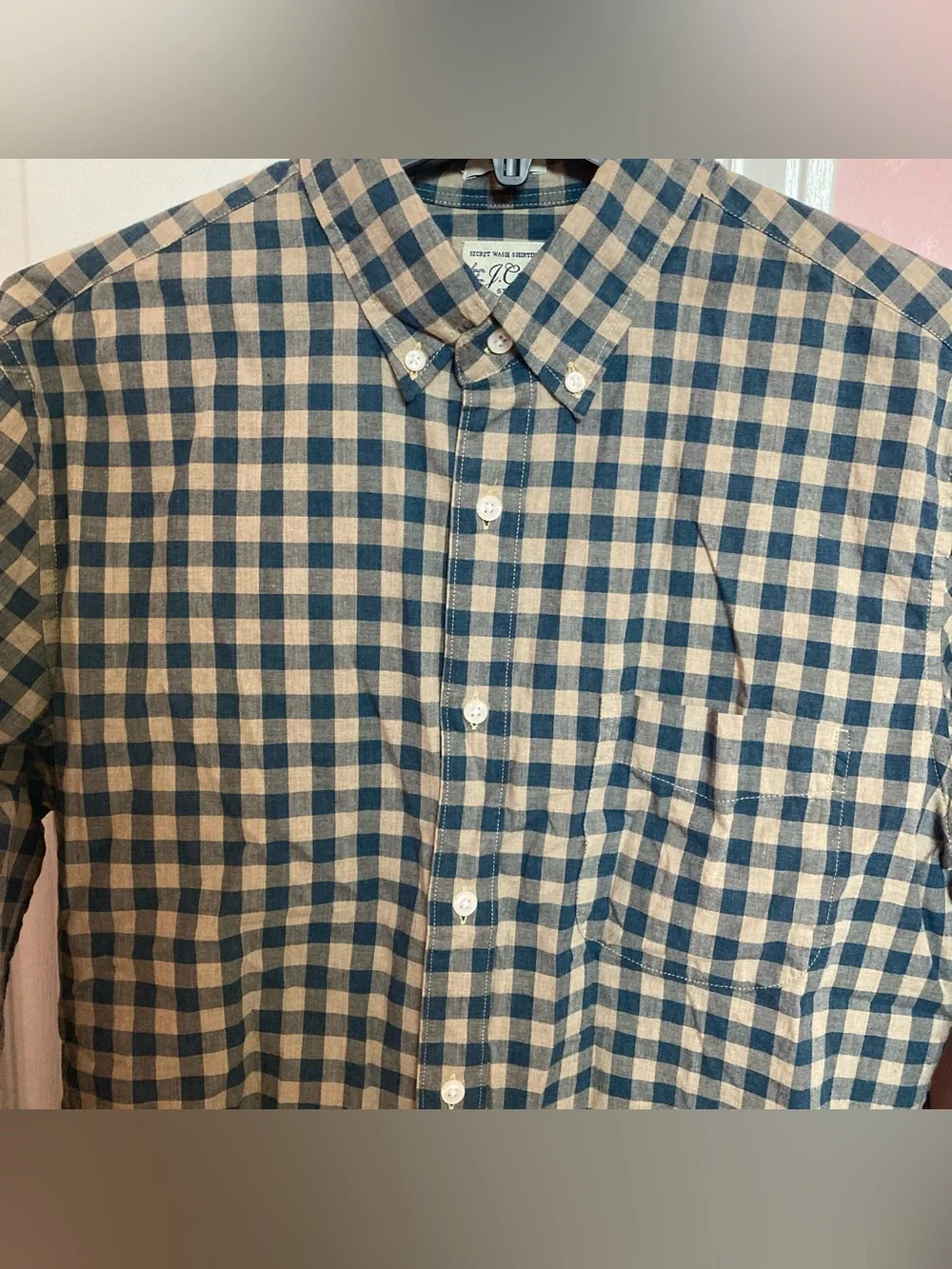 J. Crew Men's Button-Down Checkered Shirt in Navy and Tan Pattern
